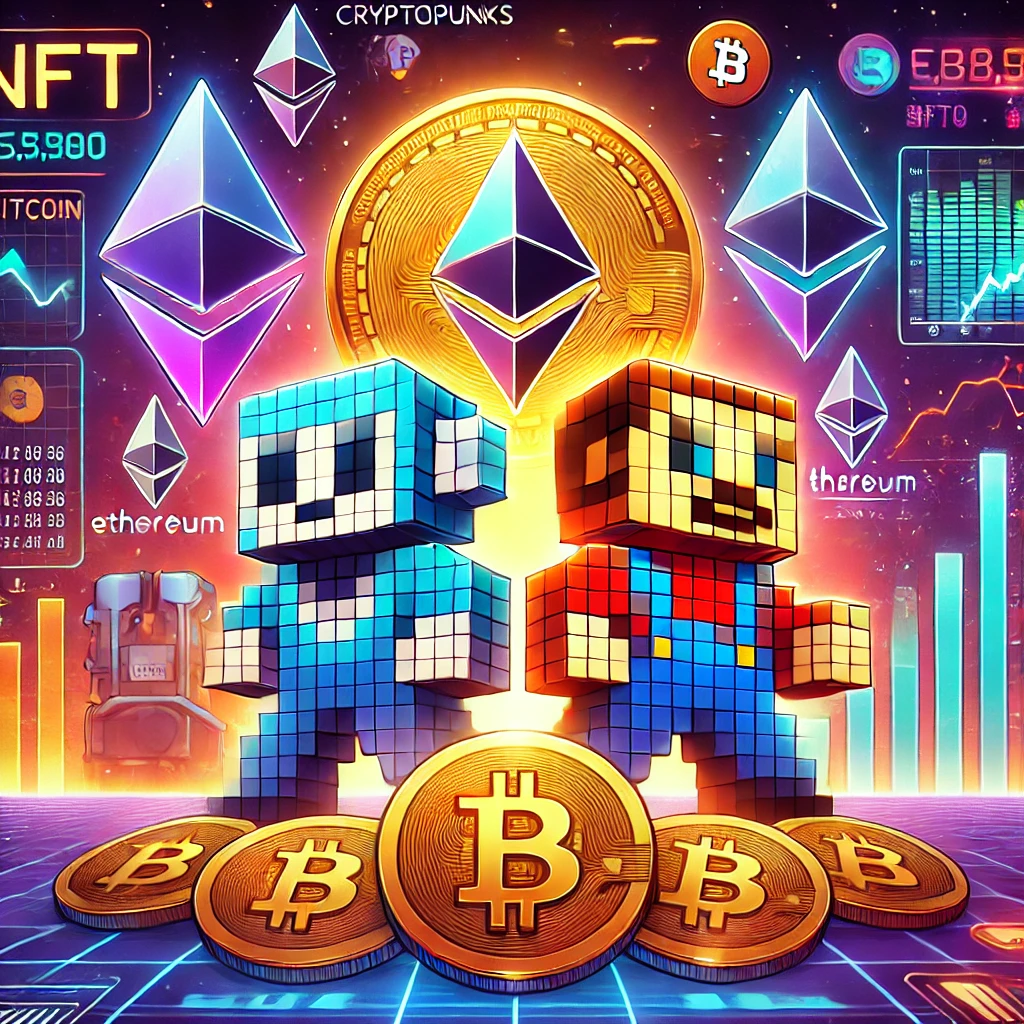 A-vibrant-digital-illustration-of-the-NFT-market-focused-on-CryptoPunks-and-Ethereum-showing-Ethereum-and-Bitcoin-symbols-prominently.-CryptoPunks